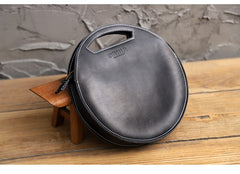 Cute Round LEATHER Handbag Black WOMEN Circle SHOULDER BAG Small Crossbody Purse FOR WOMEN