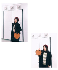 Cute Round LEATHER Handbag Black WOMEN Circle SHOULDER BAG Small Crossbody Purse FOR WOMEN