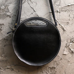 Cute Round LEATHER Handbag Black WOMEN Circle SHOULDER BAG Small Crossbody Purse FOR WOMEN