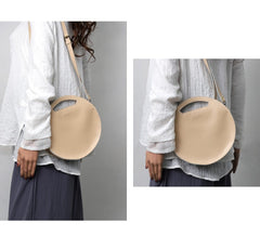 Cute Round LEATHER Handbag Brown WOMEN Circle SHOULDER BAG Small Crossbody Purse FOR WOMEN