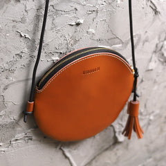 Cute Round LEATHER Slim Side Bag Coffee WOMEN Circle SHOULDER BAG Small Crossbody Purse FOR WOMEN