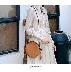 Cute Round LEATHER Slim Side Bag Brown WOMEN Circle SHOULDER BAG Small Crossbody Purse FOR WOMEN