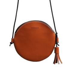 Cute Round LEATHER Slim Side Bag Coffee WOMEN Circle SHOULDER BAG Small Crossbody Purse FOR WOMEN