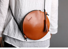 Cute Round LEATHER Slim Side Bag Coffee WOMEN Circle SHOULDER BAG Small Crossbody Purse FOR WOMEN