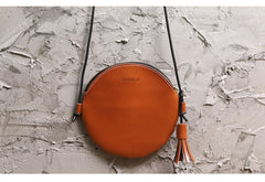 Cute Round LEATHER Slim Side Bag Brown WOMEN Circle SHOULDER BAG Small Crossbody Purse FOR WOMEN