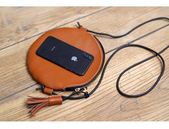 Cute Round LEATHER Slim Side Bag Brown WOMEN Circle SHOULDER BAG Small Crossbody Purse FOR WOMEN