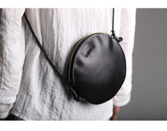 Cute Round LEATHER Slim Side Bag Black WOMEN Circle SHOULDER BAG Small Crossbody Purse FOR WOMEN