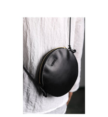 Cute Round LEATHER Slim Side Bag Black WOMEN Circle SHOULDER BAG Small Crossbody Purse FOR WOMEN