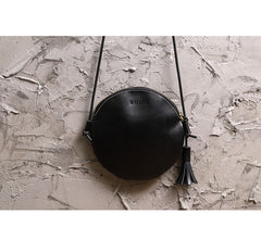 Cute Round LEATHER Slim Side Bag Black WOMEN Circle SHOULDER BAG Small Crossbody Purse FOR WOMEN