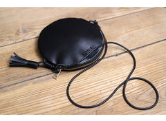 Cute Round LEATHER Slim Side Bag Black WOMEN Circle SHOULDER BAG Small Crossbody Purse FOR WOMEN