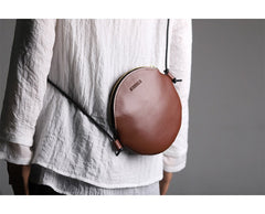 Cute Round LEATHER Slim Side Bag Coffee WOMEN Circle SHOULDER BAG Small Crossbody Purse FOR WOMEN