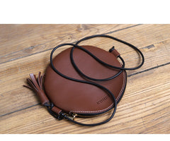 Cute Round LEATHER Slim Side Bag Coffee WOMEN Circle SHOULDER BAG Small Crossbody Purse FOR WOMEN