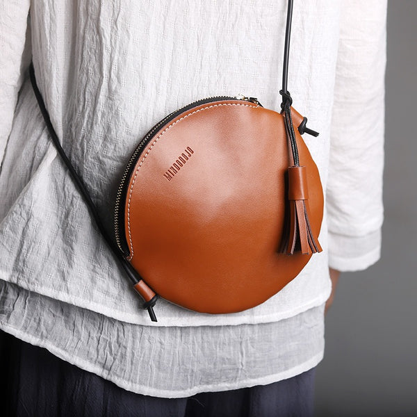 Cute Round LEATHER Slim Side Bag Black - Bill Slots Detail