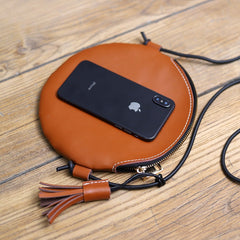 Cute Round LEATHER Slim Side Bag Brown WOMEN Circle SHOULDER BAG Small Crossbody Purse FOR WOMEN