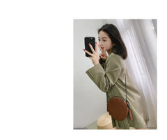 Cute Round LEATHER Slim Side Bag Brown WOMEN Circle SHOULDER BAG Small Crossbody Purse FOR WOMEN