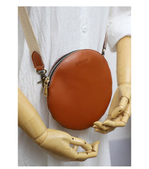 Cute Round LEATHER Small Side Bag Coffee WOMEN Circle SHOULDER BAG Small Crossbody Purse FOR WOMEN