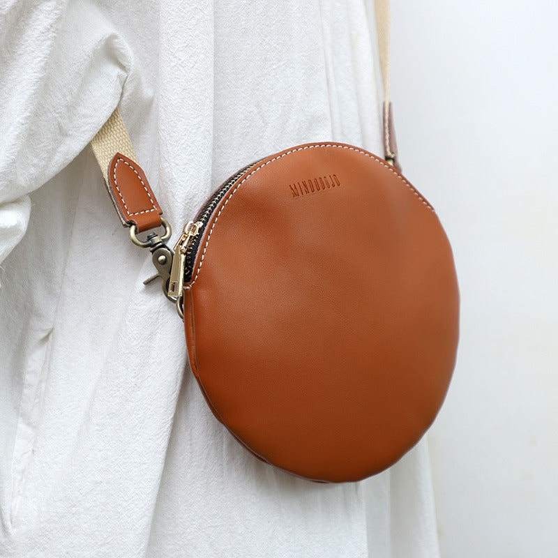 Cute Round LEATHER Small Side Bag Brown WOMEN Circle SHOULDER BAG Small Crossbody Purse FOR WOMEN