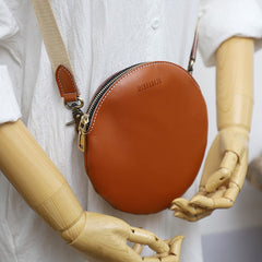 Cute Round LEATHER Small Side Bag Coffee WOMEN Circle SHOULDER BAG Small Crossbody Purse FOR WOMEN