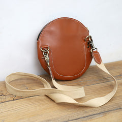 Cute Round LEATHER Small Side Bag Coffee WOMEN Circle SHOULDER BAG Small Crossbody Purse FOR WOMEN