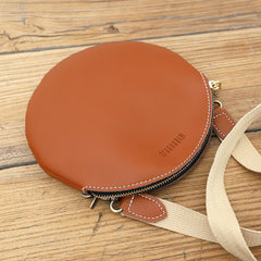 Cute Round LEATHER Small Side Bag Coffee WOMEN Circle SHOULDER BAG Small Crossbody Purse FOR WOMEN