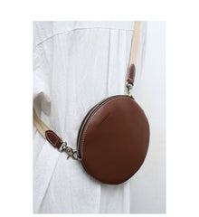 Cute Round LEATHER Small Side Bag Coffee WOMEN Circle SHOULDER BAG Small Crossbody Purse FOR WOMEN