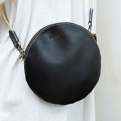 Cute Round LEATHER Small Side Bag Coffee WOMEN Circle SHOULDER BAG Small Crossbody Purse FOR WOMEN