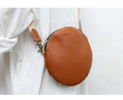 Cute Round LEATHER Small Side Bag Coffee WOMEN Circle SHOULDER BAG Small Crossbody Purse FOR WOMEN