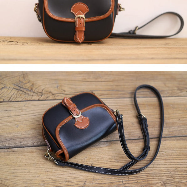 Cute Saddle Black LEATHER Side Bag White - Full View