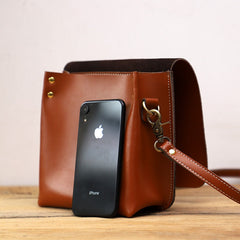 Cute Brown LEATHER Square Side Bag Handmade WOMEN Phone Crossbody BAG Purse FOR WOMEN