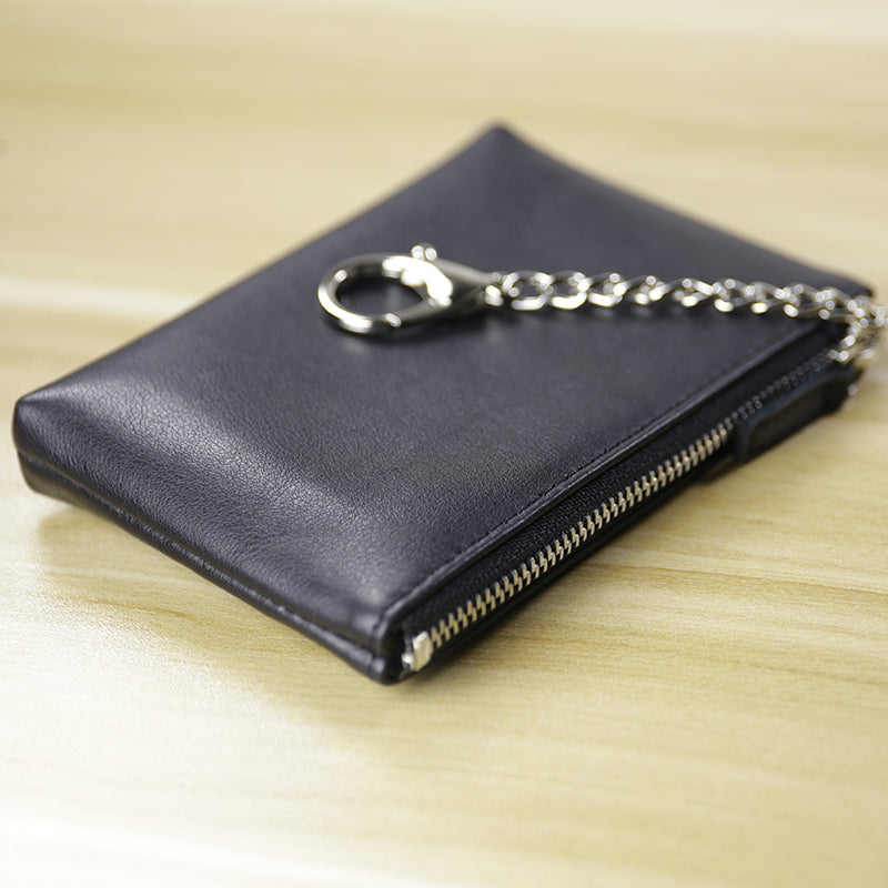Cute Women Black Leather Mini Zip Billfold Wallet with Keychain Coin Wallet Small Zip Change Wallet For Women