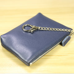 Cute Women Navy Leather Mini Zip Billfold Wallet with Keychain Coin Wallet Small Zip Change Wallet For Women