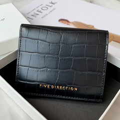 Cute Women Black Vegan Leather Small Billfold Wallet Card Holder Crocodile Pattern Slim Card Wallets For Women