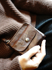 Cute Women Brown Zip Leather Billfold Wallet Minimalist Zip Coin Wallet Change Wallet For Women