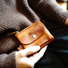 Cute Women Tan Zip Leather Billfold Wallet Minimalist Zip Coin Wallet Change Wallet For Women