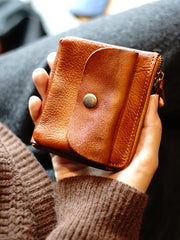 Cute Women Tan Zip Leather Billfold Wallet Minimalist Zip Coin Wallet Change Wallet For Women