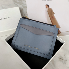 Cute Women Gray Blue Vegan Leather Card Holders Slim KeyChain Card Wallet Zip Change Wallet For Women