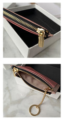 Cute Women Dark Pink Vegan Leather Card Holders Slim KeyChain Card Wallet Zip Change Wallet For Women