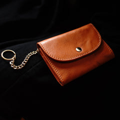 Cute Women Red Leather Mini Wallet with Keychain Billfold Minimalist Coin Wallet Small Zip Change Wallet For Women