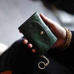 Cute Women Green Leather Mini Wallet with Keychain Billfold Minimalist Coin Wallet Small Zip Change Wallet For Women