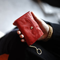 Cute Women Red Leather Mini Wallet with Keychain Billfold Minimalist Coin Wallet Small Zip Change Wallet For Women