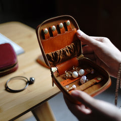Cute Women Blue Leather Small Jewelry Organizer Mini Jewelry Portable Jewelry Storage Box For Women