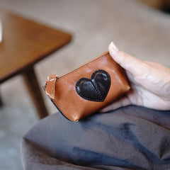 Cute Women Tan Leather Zip Coin Wallet with Keychains Heart Keys Wallet Small Zip Change Wallet For Women