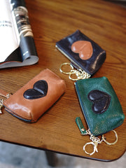 Cute Women Black Leather Zip Coin Wallet with Keychains Heart Keys Wallet Small Zip Change Wallet For Women