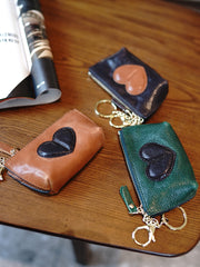 Cute Women Tan Leather Zip Coin Wallet with Keychains Heart Keys Wallet Small Zip Change Wallet For Women