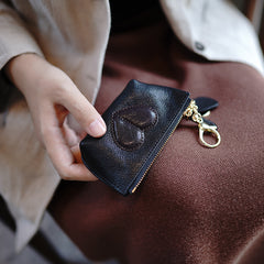 Cute Women Tan Leather Zip Coin Wallet with Keychains Heart Keys Wallet Small Zip Change Wallet For Women