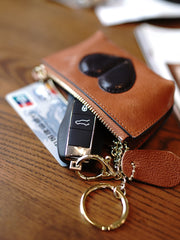 Cute Women Tan Leather Zip Coin Wallet with Keychains Heart Keys Wallet Small Zip Change Wallet For Women