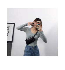 Cute Women Leather Fanny Pack Black MIni Leather Sling Bag Small Waist BAG FOR WOMEN