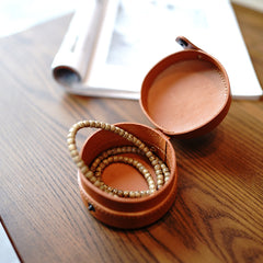 Cute Women Brown Leather Round Coin Wallet Box Small Portable Jewelry Storage Box For Women