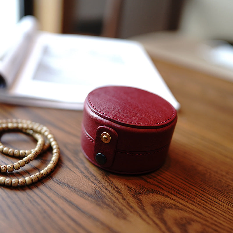 Cute Women Red Leather Round Coin Wallet Box Small Portable Jewelry Storage Box For Women