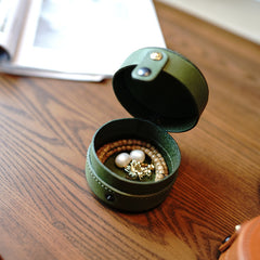 Cute Women Brown Leather Round Coin Wallet Box Small Portable Jewelry Storage Box For Women